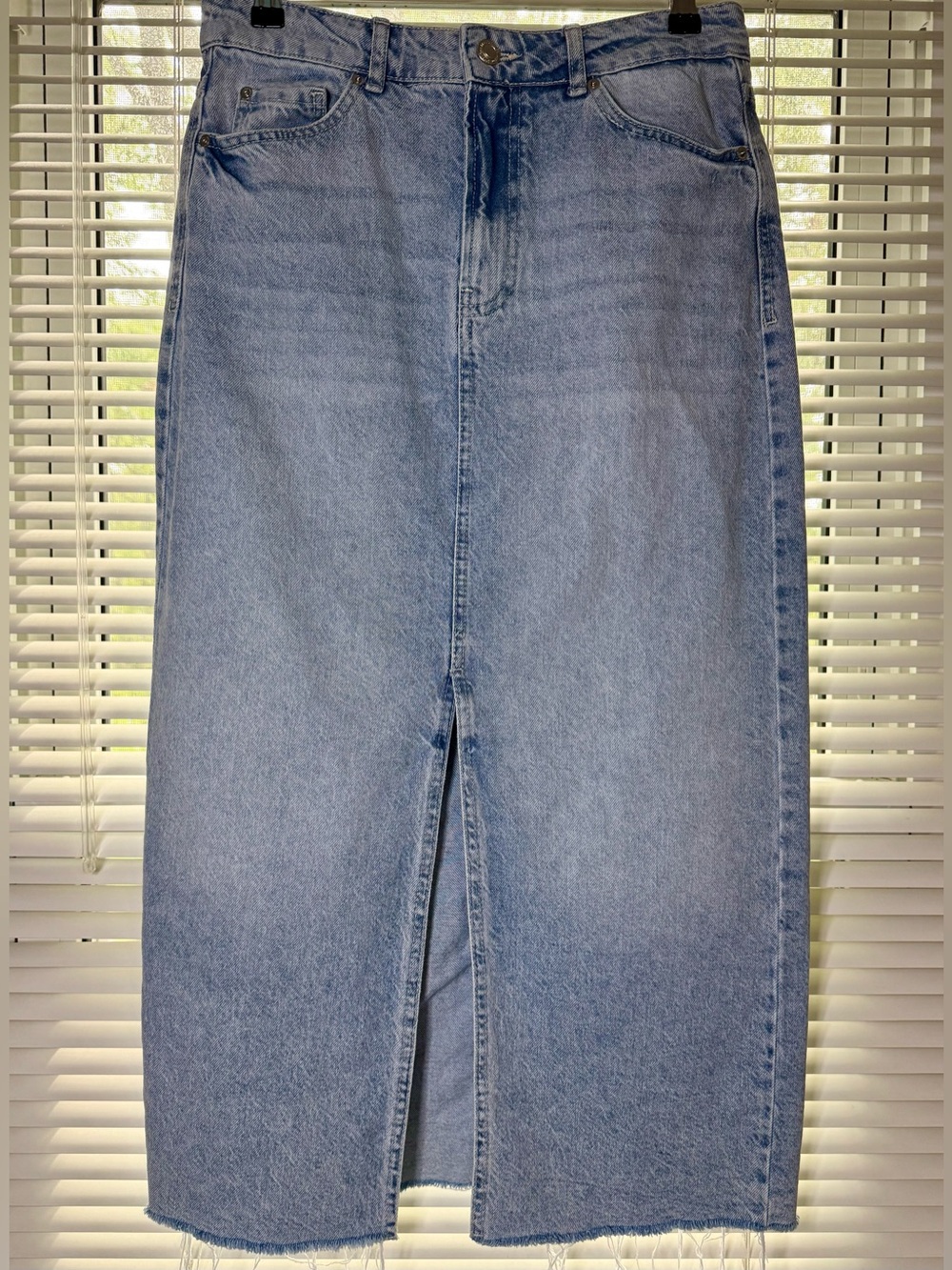 Bershka Light Blue Denim Maxi Skirt with Front Slit Raw Hem Size US 6